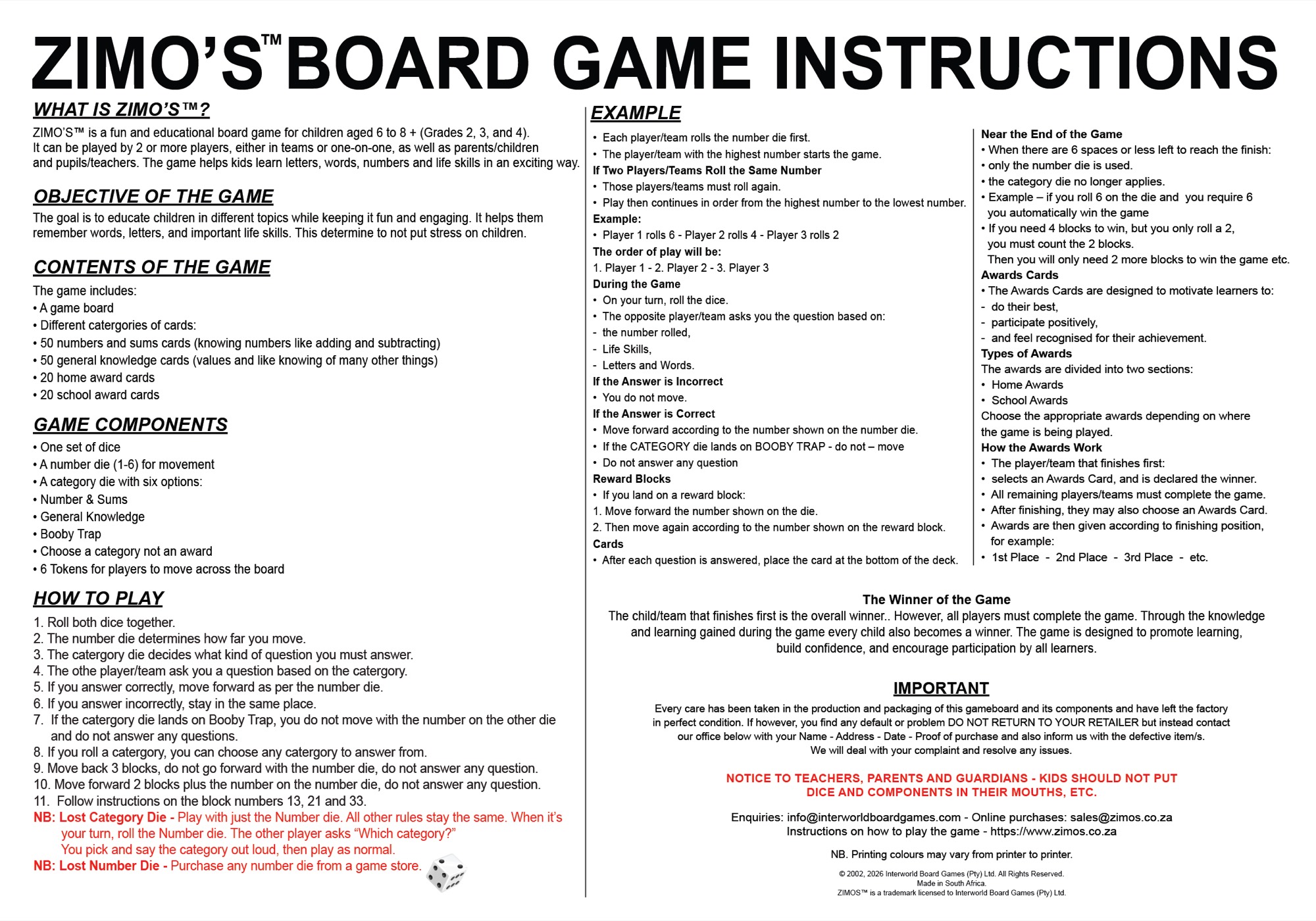 Zimo's Numbers and Sums instruction sheet